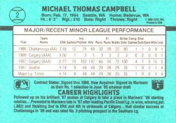 1988 Donruss The Rookies #2 Mike Campbell Back