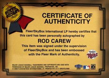 2000 Fleer Greats of the Game - Autographs #NNO Rod Carew Back