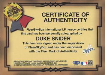 2000 Fleer Greats of the Game - Autographs #NNO Duke Snider Back