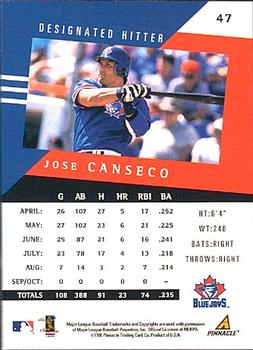 1998 Pinnacle Performers #47 Jose Canseco Back