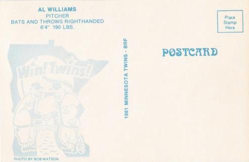 1981 Minnesota Twins Postcards #NNO Al Williams Back