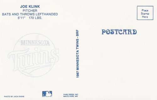 1987 Minnesota Twins Postcards #NNO Joe Klink Back