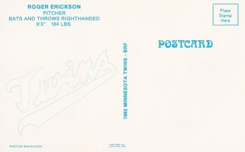 1982 Minnesota Twins Postcards #NNO Roger Erickson Back