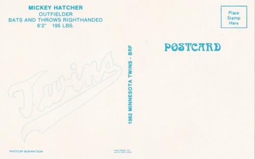 1982 Minnesota Twins Postcards #NNO Mickey Hatcher Back