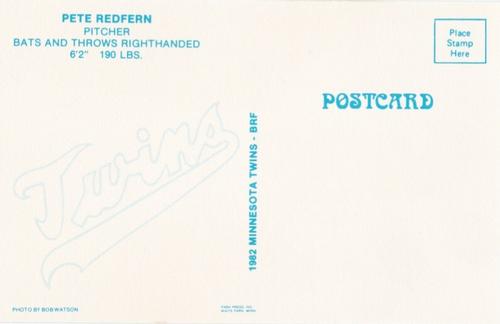 1982 Minnesota Twins Postcards #NNO Pete Redfern Back