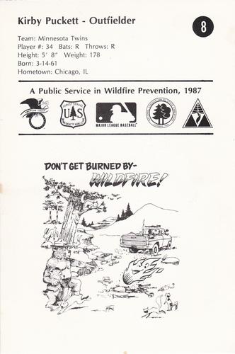1987 Smokey Bear's Fire Prevention Team American League #8 Kirby Puckett Back