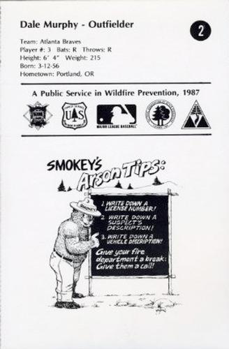 1987 Smokey Bear's Fire Prevention Team National League #2 Dale Murphy Back