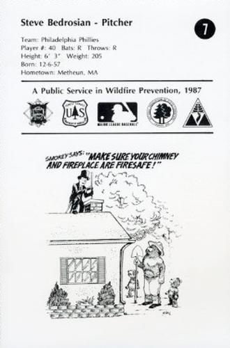 1987 Smokey Bear's Fire Prevention Team National League #7 Steve Bedrosian Back