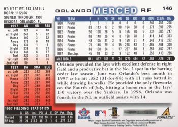 1998 Score #146 Orlando Merced Back
