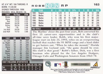 1998 Score #163 Robb Nen Back