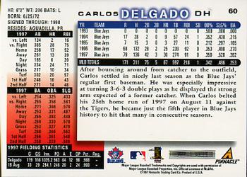1998 Score #60 Carlos Delgado Back
