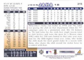 1998 Score #215 John Jaha Back