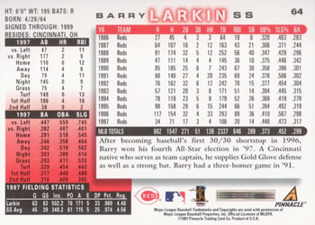 1998 Score #64 Barry Larkin Back