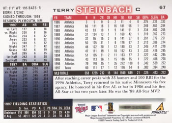 1998 Score #67 Terry Steinbach Back