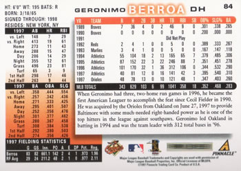 1998 Score #84 Geronimo Berroa Back