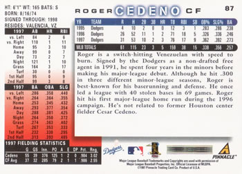 1998 Score #87 Roger Cedeno Back
