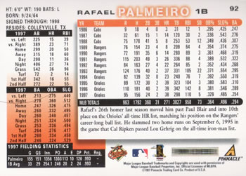 1998 Score #92 Rafael Palmeiro Back