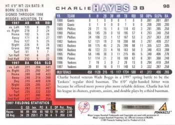 1998 Score #98 Charlie Hayes Back