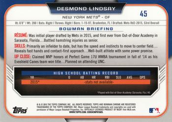 2015 Bowman Draft - Chrome #45 Desmond Lindsay Back
