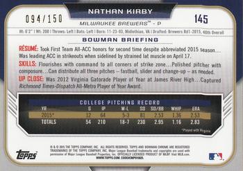 2015 Bowman Draft - Chrome Blue Refractors #145 Nathan Kirby Back