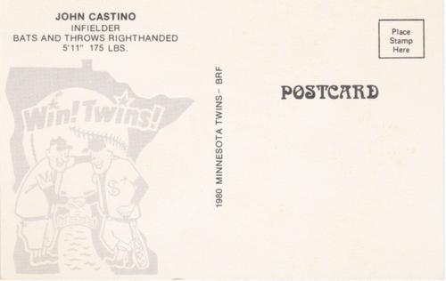 1980 Minnesota Twins Postcards #NNO John Castino Back