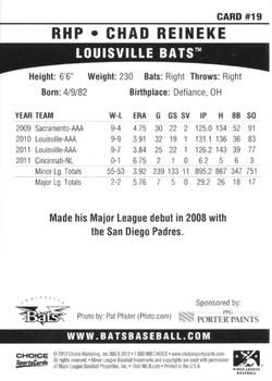 2012 Choice Louisville Bats #19 Chad Reineke Back