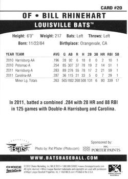 2012 Choice Louisville Bats #20 Bill Rhinehart Back