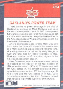 1988 Fleer #624 Mark McGwire / Jose Canseco Back