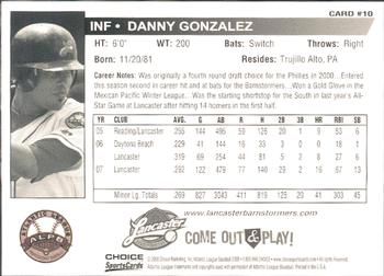 2008 Choice Lancaster Barnstormers #10 Danny Gonzalez Back