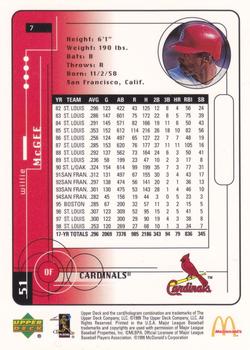 1999 Upper Deck McDonald's St. Louis Cardinals #7 Willie McGee Back
