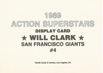 1989 Pacific Cards & Comics Action Superstars Display Card (unlicensed) #4 Will Clark Back