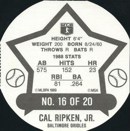 1989 Super Stars Discs #16 Cal Ripken, Jr. Back
