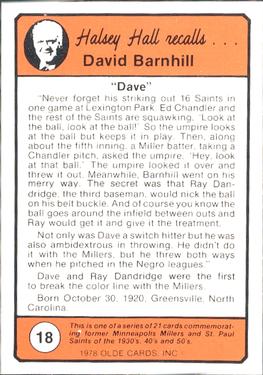 1978 Olde Cards Halsey Hall Recalls #18 Dave Barnhill Back