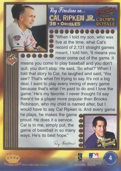 1998 Pacific Crown Royale - Firestone on Baseball #4 Cal Ripken Jr. Back