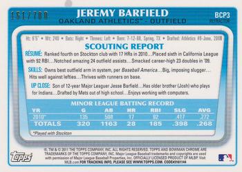 2011 Bowman - Chrome Prospects Purple Refractors #BCP3 Jeremy Barfield Back