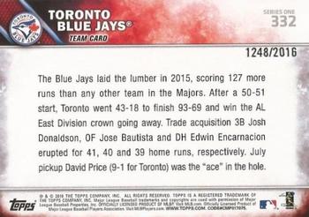 2016 Topps - Gold #332 Toronto Blue Jays Back