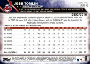 2016 Topps - Gold #693 Josh Tomlin Back