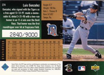 1998 SPx Finite #274 Luis Gonzalez Back