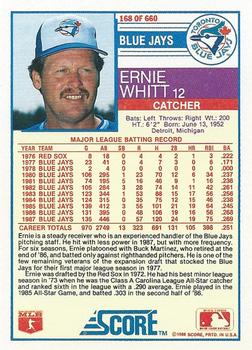 1988 Score #168 Ernie Whitt Back