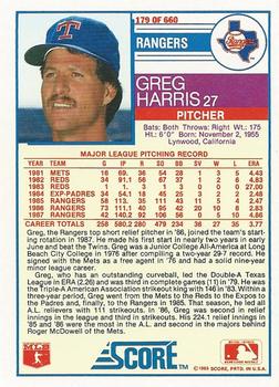 1988 Score #179 Greg Harris Back