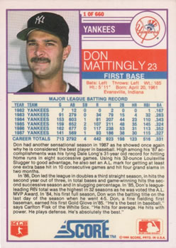 1988 Score #1 Don Mattingly Back
