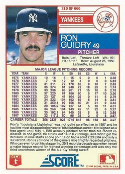 1988 Score #310 Ron Guidry Back