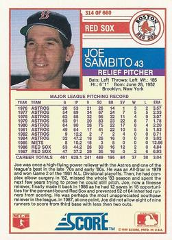 1988 Score #314 Joe Sambito Back
