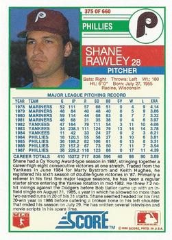 1988 Score #375 Shane Rawley Back