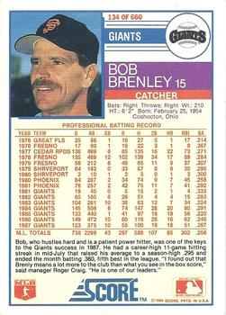 1988 Score #134 Bob Brenly Back