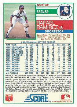1988 Score #426 Rafael Ramirez Back