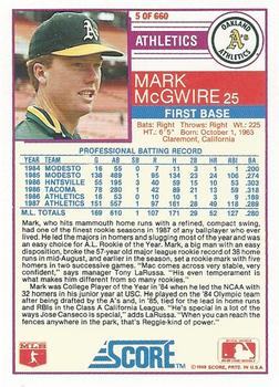1988 Score #5 Mark McGwire Back