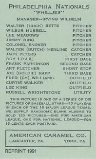 1991 1922 American Caramel (E120) Reprint #NNO Russ Wrightstone Back