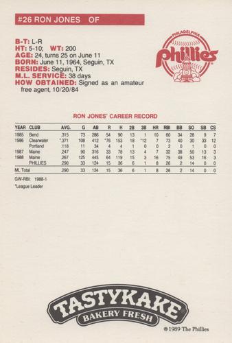 1989 Tastykake Philadelphia Phillies #NNO Ron Jones Back