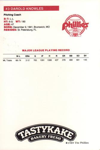 1989 Tastykake Philadelphia Phillies #NNO Darold Knowles Back